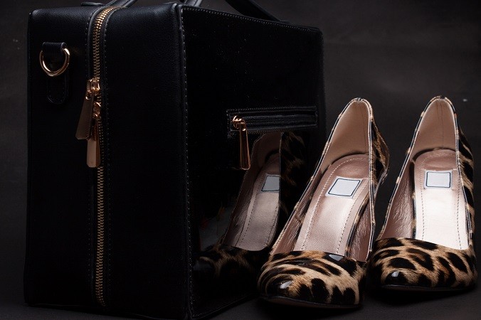 Pair of women shoes and handbag on black background,animal skins..